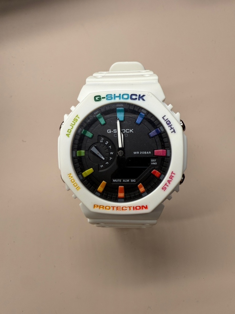 G-Shock White Watch with Rainbow Hour Markers